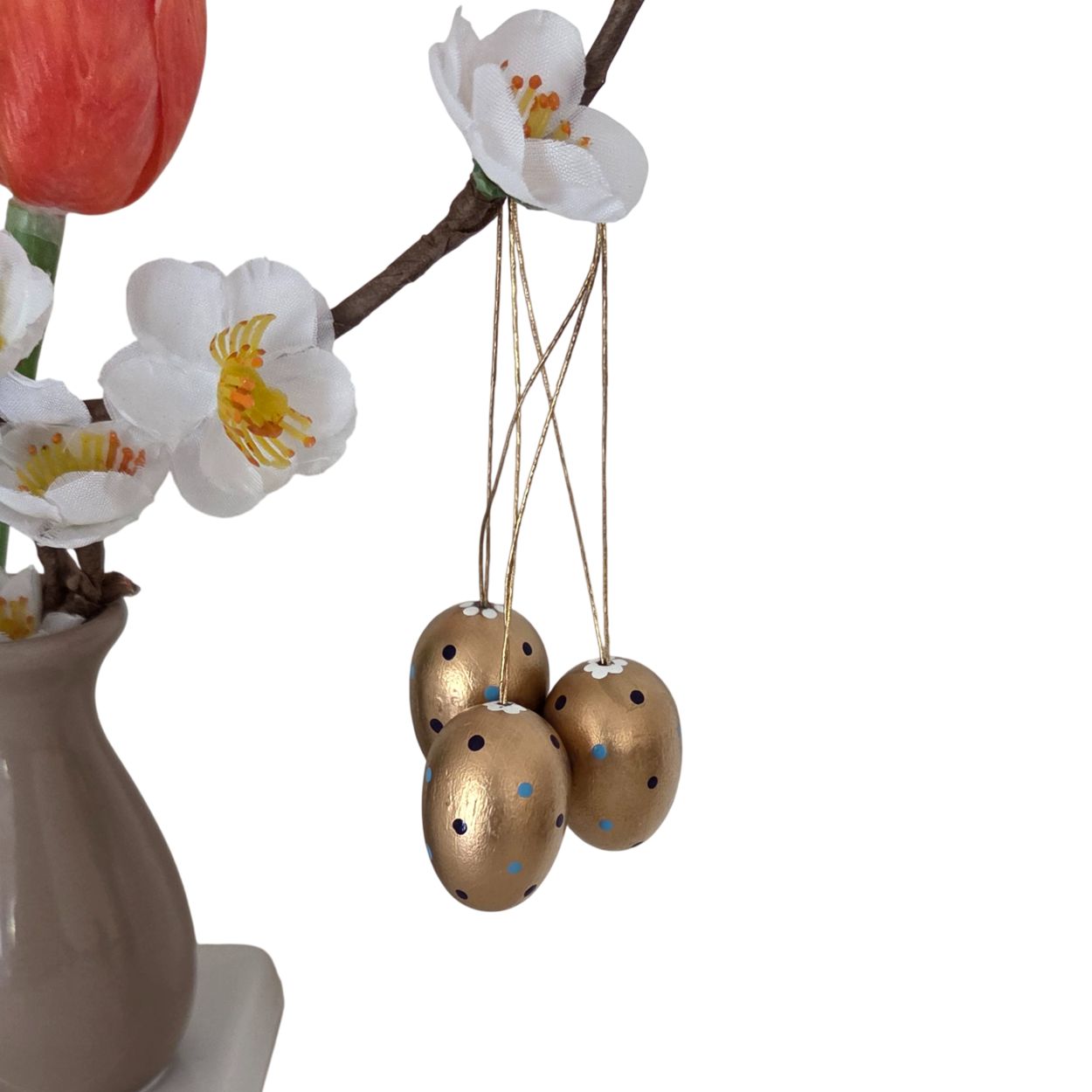 Baumbehang - 3 goldene Ostereier - gepunktet mit Goldfaden