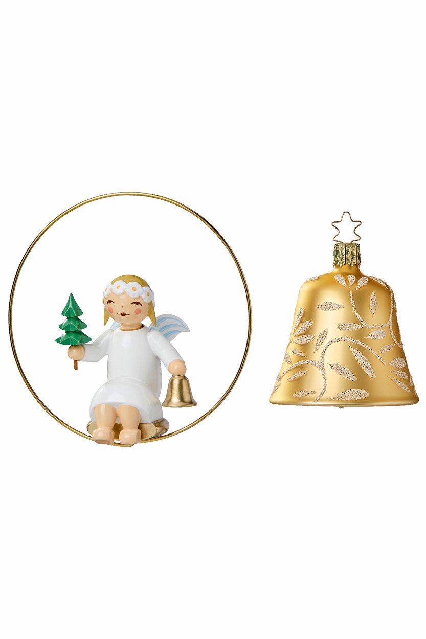 Margeritenengel im Ring mit Bäumchen und Glocke, Glasglocke gold Wendt und Kühn
