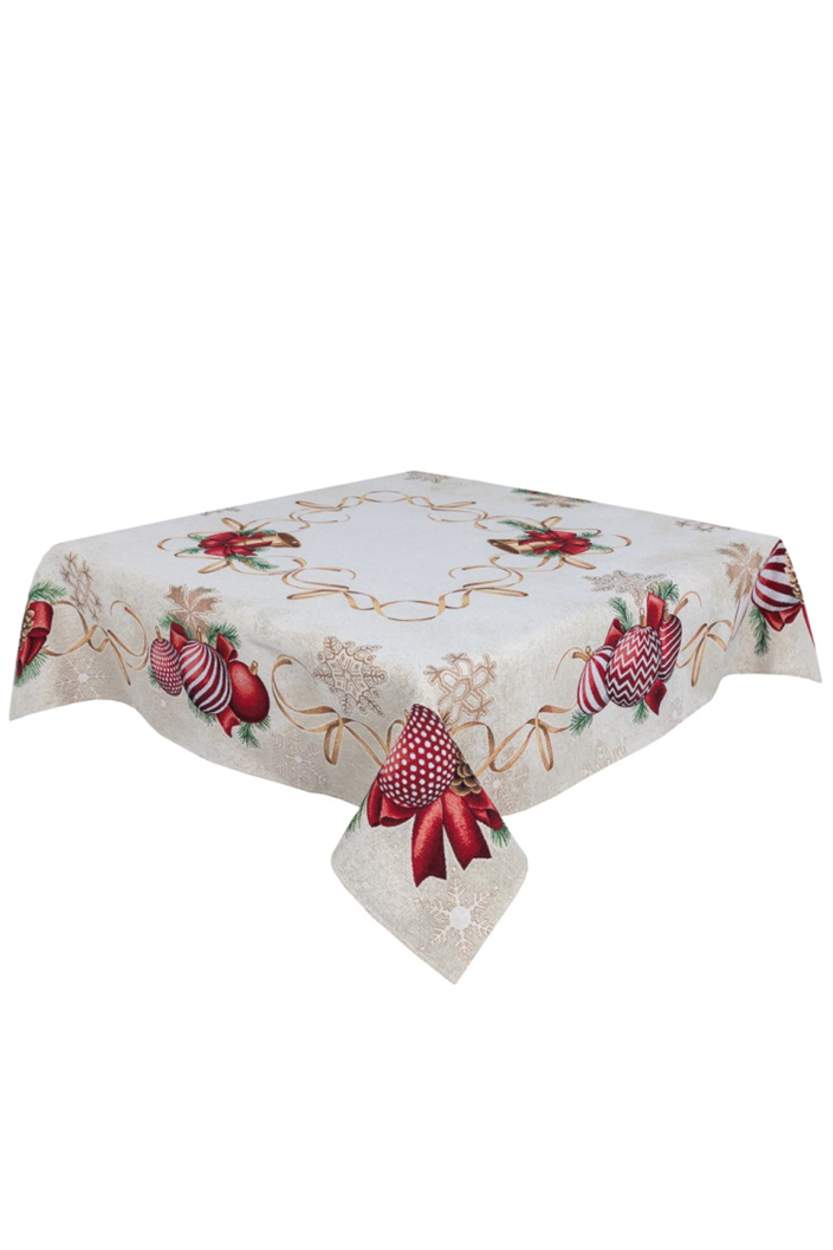 Tischdecke mit Gold-Lurex Design: rote Weihnachtskugeln  - 137x180 cm
