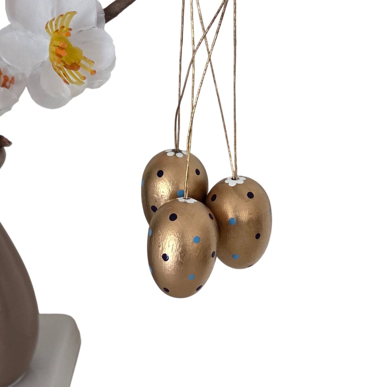 Baumbehang - 3 goldene Ostereier - gepunktet mit Goldfaden
