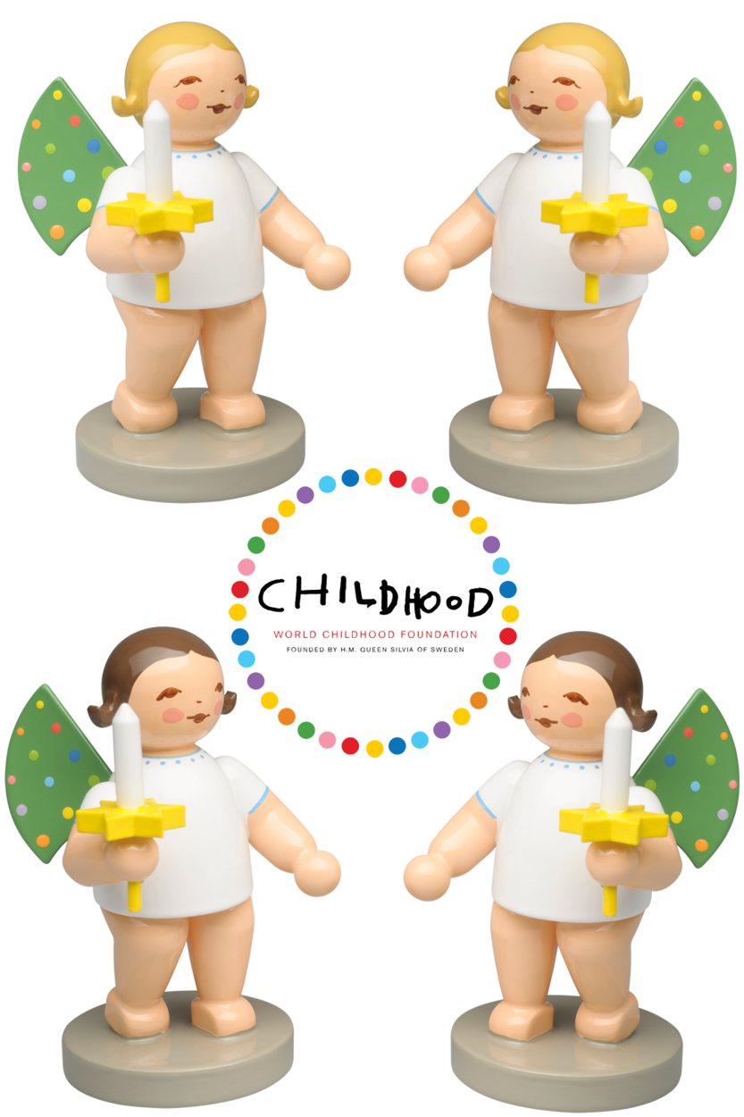 World Childhood Foundation Engel - mit farbigen Punkten - blond/Kerze links