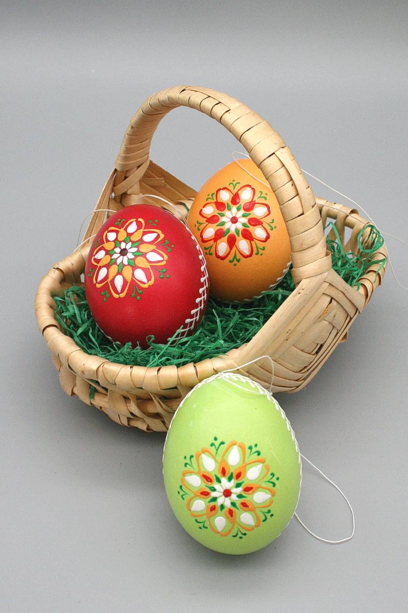 3 Sorbische Ostereier grün/orange/rot Bossiertechnik Frohe Ostern