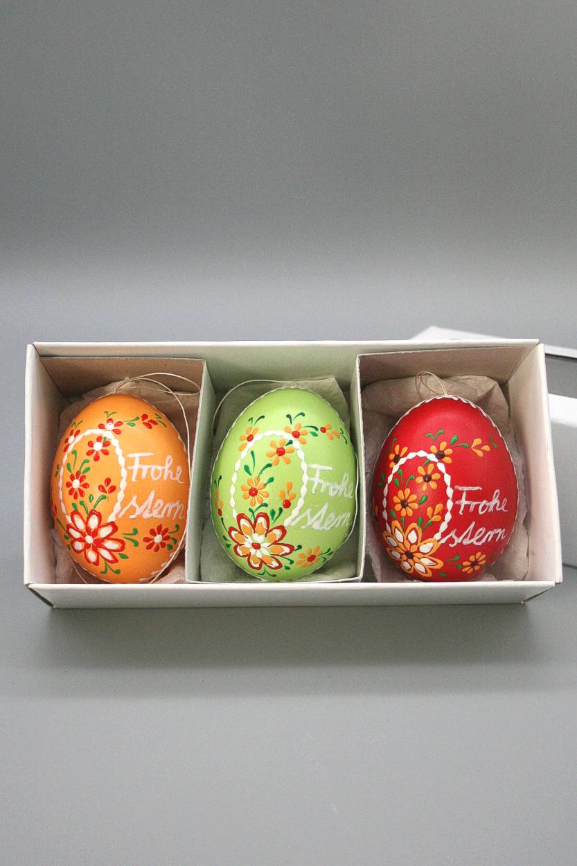 3 Sorbische Ostereier grün/orange/rot Bossiertechnik Frohe Ostern