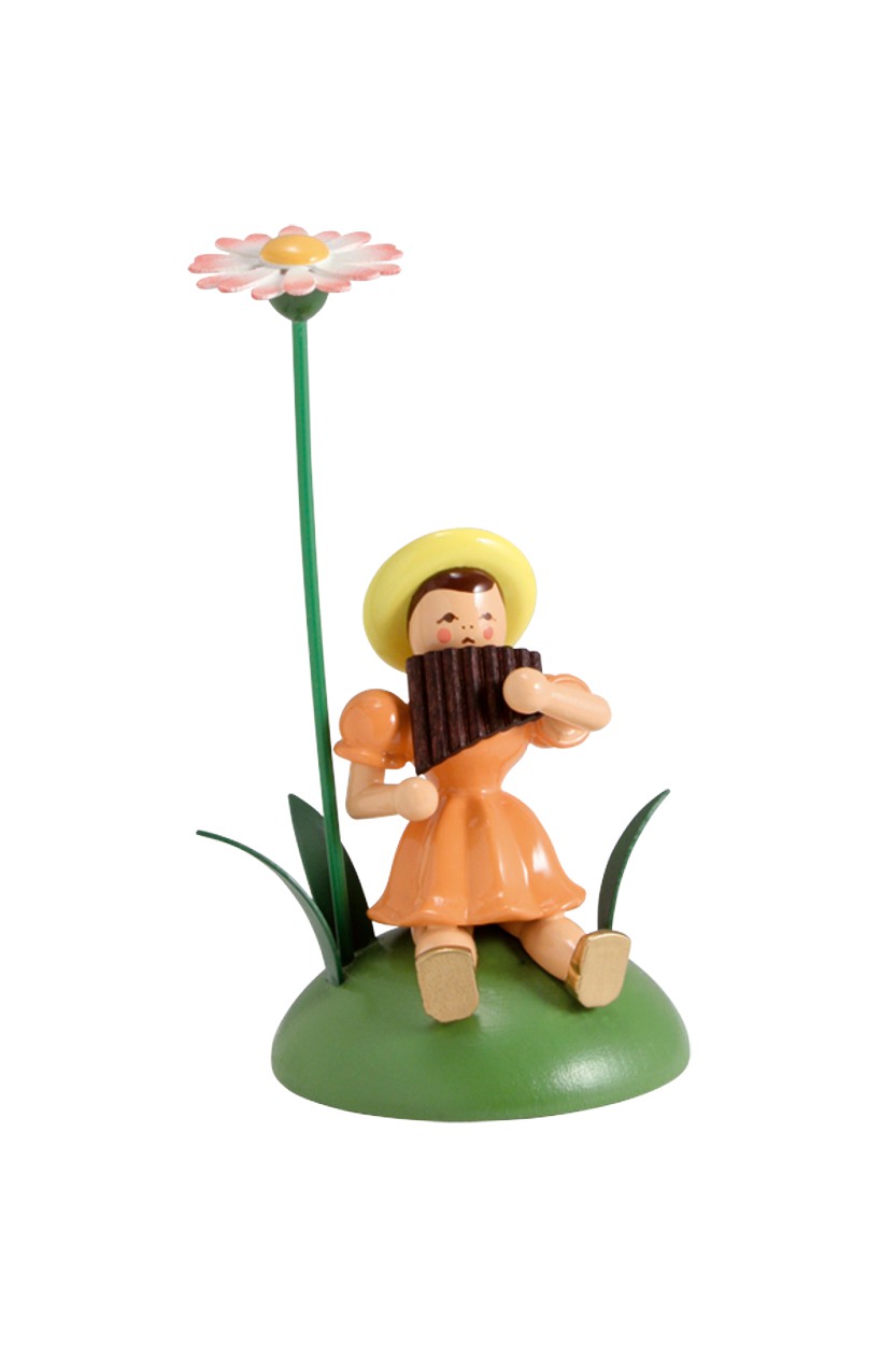 Blumenkind sitzend -  farbig Gänseblümchen/Panflöte  Faltenrock - BKS 015
