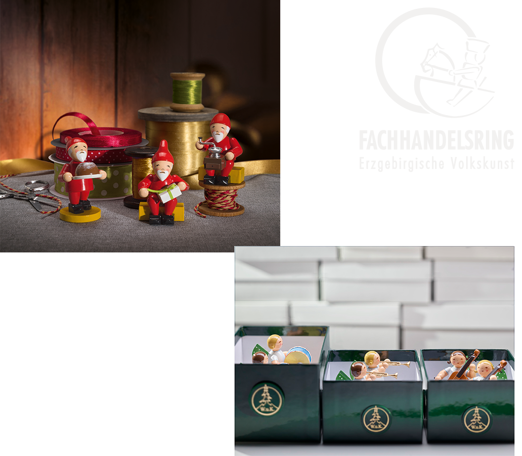 Handgefertigte erzgebirgische Holzfiguren Weihnachtsmänner und Engel mit Logo Fachhandelsring Erzgebirgische Volkskunst