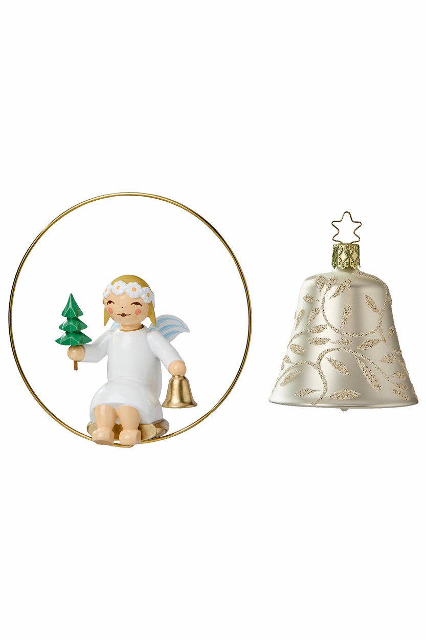 Margeritenengel im Ring mit Bäumchen und Glocke, Glasglocke silber Wendt und Kühn